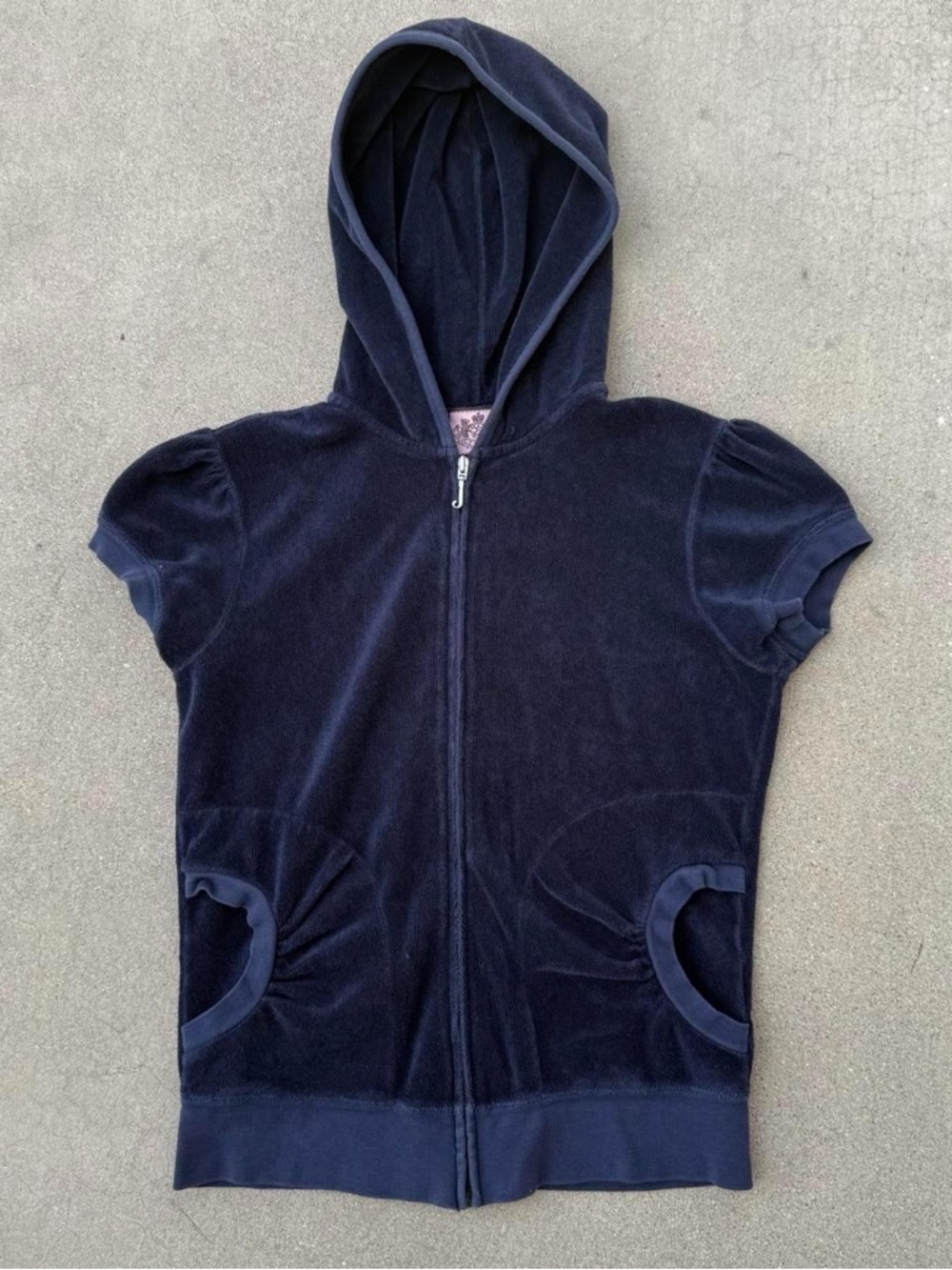 Juicy Women’s Short-Sleeve Hooded Zip-Up Top in Navy Y2K - XL